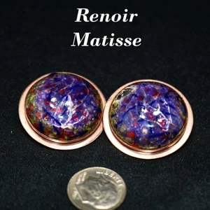 Renoir Matisse Vintage Crackle Lucite Copper Clip Earrings, Designer 1 1/4 Inch - Picture 1 of 10
