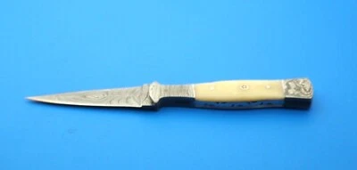 CUSTOM HAND FORGED DAMASCUS STEEL HUNTING DOUBLE EDGE DAGGER BOOT KNIFE + SHEATH - Image 1 of 4