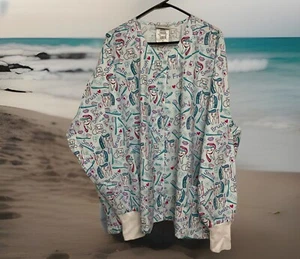 UA Scrubs medical scrub top long sleeves button down dental print white Blue 3 X - Picture 1 of 22