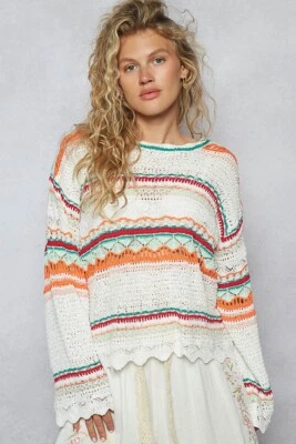 POL Clothing Crochet Open-Stitch Scallop Hem Sweater Women's Top - Image 1 of 4