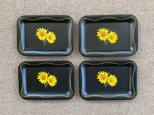 Juego de 4 Mini Bandeja Baratija Vintage Metal Negro Floral Amarillo Margarita - Imagen 1 de 5