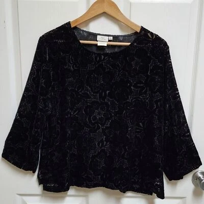Lo último Top de Algodón para Mujer XL Negro Floral Terciopelo Burnout Pullover Elastizado Manga 3/4 Foto 1 de 4