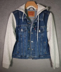 Levi's Hybrid Denim Trucker Jacket Hoodie Kids Size Large Blue Gray Fleece - Picture 1 of 15