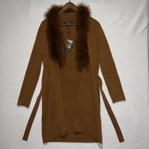 Neiman Marcus Cashmere Collection Brown Sweater Cardigan S Blue Fox Fur Collar - Picture 1 of 14