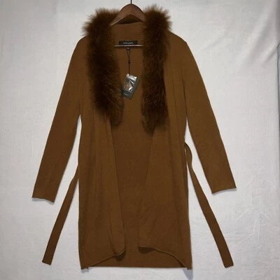 Neiman Marcus Cashmere Collection Brown Sweater Cardigan S Blue Fox Fur Collar - Image 1 of 4