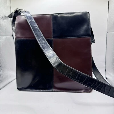Furla Patent Leather Color Block Structured Handbag Purse Black  Brown - Image 1 of 4