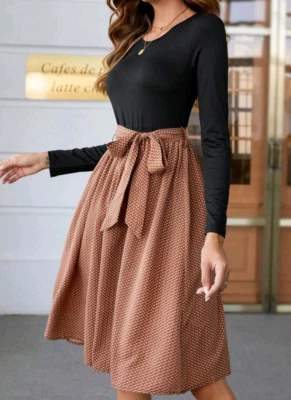Womens Pleated Midi Dress Casual, Elegant Crew  Hem Self Belted Dress - Image 1 of 3