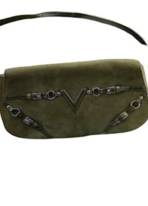 Via Spiga V Logo Green 100% Goat Suede With Leather Baguette Bag Style Handbag. - Picture 1 of 10
