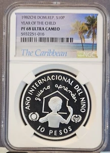 1982 DOMINICAN REPUBLIC SILVER 10 PESOS YEAR OF THE CHILD NGC PF 68 ULTRA CAMEO - Picture 1 of 3