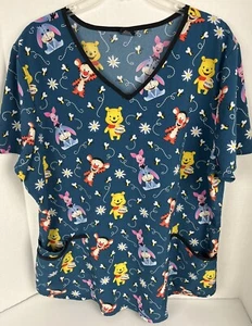 DISNEY Scrub Top Pooh & Pals "Bee My Honey" Print Sz XL Teal Nursing Pediatrics - Picture 1 of 7