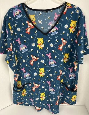 DISNEY Scrub Top Pooh & Pals "Bee My Honey" Print Sz XL Teal Nursing Pediatrics - Image 1 of 4