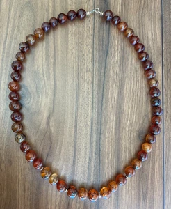 Stunning Red-Black Dragon Vein Agate 15mm Bead 30 Inch 14K Gold Plated Necklace  - Picture 1 of 11