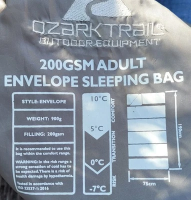 Ozark Trail 200GSM Adult Envelope Sleeping Bag Excellent Condition - Image 1 of 4