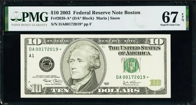 $10  2003 Federal Reserve * Star Note Boston Fr#2038-A* PMG 67 EPQ Superb Gem UN - Image 1 of 3