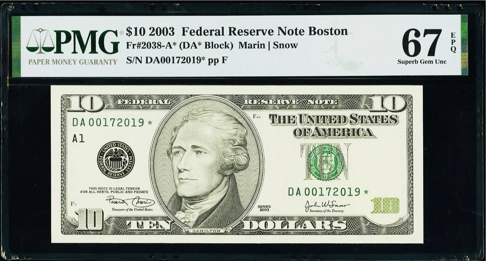 $10  2003 Federal Reserve * Star Note Boston Fr#2038-A* PMG 67 EPQ Superb Gem UN - Image 1 of 3