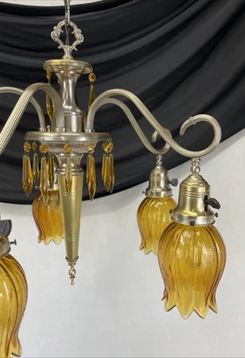 RESTORED Antique Vtg Art Deco Crystal Chandelier Amber Glass Ornate Nickel Brass - Image 1 of 4