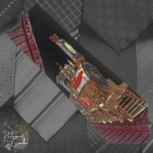 Corbata en punta hecha a mano con riel de tren multicolor negra Museo novedad corbata clásica - Imagen 1 de 6