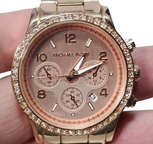 Michael Kors 3 Dial Rose Gold Color Women's Chronograph Wristwatch With Crystals - Picture 1 of 14