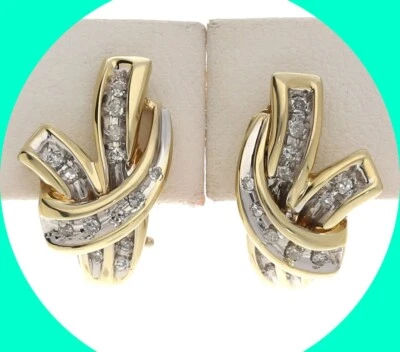 Diamond Ribbon Swirl J Hoop Drop Earrings .23CT 14K YG 5/8” Long - Image 1 of 4
