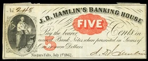 Cascate del Niagara New York J.D. Hamlin's Banking House 5 centesimi 1 luglio 1862 firmato - Foto 1 di 3