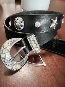 Vintage Leather Belt Rhinestones And Studs Fancy Buckle Western Boho - Picture 1 of 12