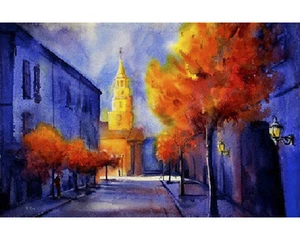 Colonial street in Charleston, SC.  Fine art reproduction.  Watercolor (print)  - Picture 1 of 10