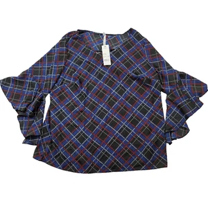 NY Collection Bell Sleeves Dressy Blouse Womens 2X Plus Size Barrow Blue Black - Picture 1 of 9