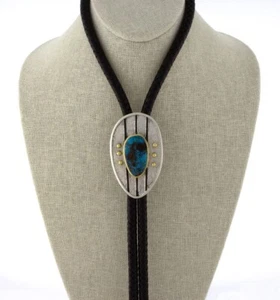 High Grade Natural Apache Blue Turquoise Bolo Tie With 18K Gold & Coral - Picture 1 of 6
