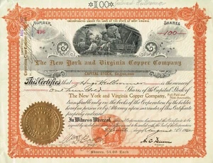 USA THE NEW YORK & VIRGINIA COPPER COMPANY certificato di magazzino/obbligazione - Foto 1 di 1