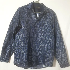 Camisa INC International Concepts Para Hombre Pequeña Azul Negra Plata Hoja Estampado Botón - Imagen 1 de 6