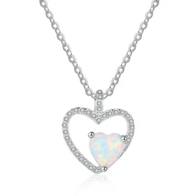 E05 Cuore Nel Cuore Opale Bianco In Argento Sterling 925 Pendente E Collana - Immagine 1 di 4
