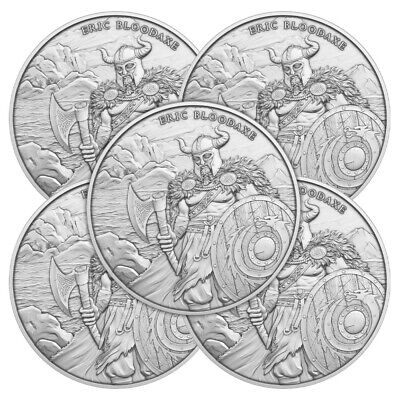 Lot Of 5 - 1 Troy Oz Eric Bloodaxe Design .999 Fine Silver Round • 141.86$