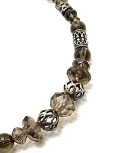 Smoky Crystal Bead Necklace Faceted Filigree Accents Sterling Silver Clasp 20" - Picture 1 of 10