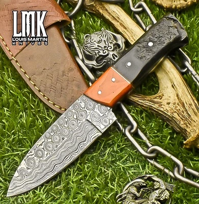 LMK Hand Forged Handmade Skinner Knife Rain Drop Damascus Ram's Horn Hiking - Image 1 of 4