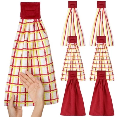 Kit de té de 6 piezas de toallas de baño colgantes de mano a cuadros a rayas rojas amarillas... Foto 1 de 4