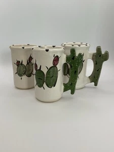 Mexico Art Pottery Cactus Handle Mugs Set Of 3 - Picture 1 of 5