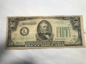 1934 $50 Dollar Low Serial Federal Reserve Bank Note. L Block! - Picture 1 of 2
