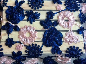 60" Wide 3D Ribbon Flowers Embroidered Fabric with White Mesh Base for Sewing - Picture 1 of 12