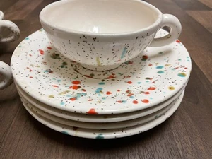 Vintage Speckled Ceramic Mug Saucer Set For 4 - Picture 1 of 12