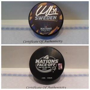 Victor Hedman Signed Sweden 4 Nations Face Off Puck COA Tampa Bay Lightning - Picture 1 of 3