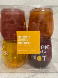 Celebrate Summer Together Floral 4 Pc Stemless Wine Glass Cups Drinkware Set New - Picture 1 of 2