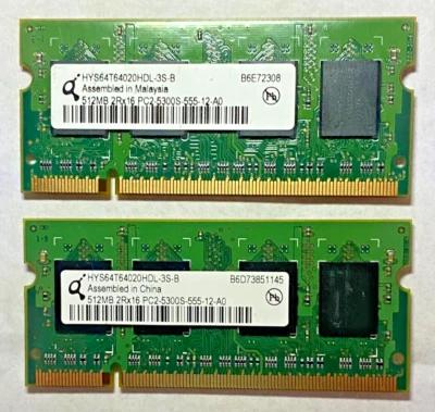 QIMONDA 2x 512MB (Total 1GB) LAPTOP MEMORY 2Rx16 PC2-5300S HYS64T64020HDL-3S-B - Image 1 of 4