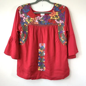 J.Marie Floral Embroidered Linen Blend Boho Blouse XS Lined Flounce Arm Oaxaca - Picture 1 of 10