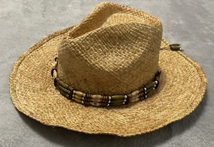 Henschel Burnished Hand Stained Raffia Western Straw Hat Wood Beaded Band SZ M - Picture 1 of 8
