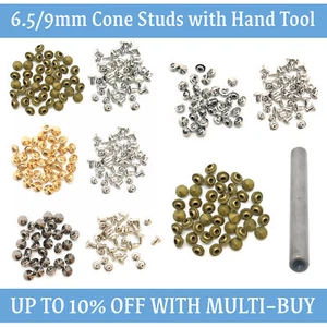 Brass Punk Cone Studs with Fixing Tool 6.5mm/9mm Leathercraft Bags Jeans Banners - Picture 1 of 12