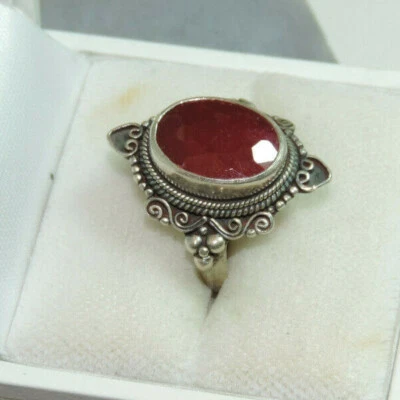 Decorativo Grande Ovale Rosso Pietra Topazio Solitario Argento Anello Regolabile - Immagine 1 di 4
