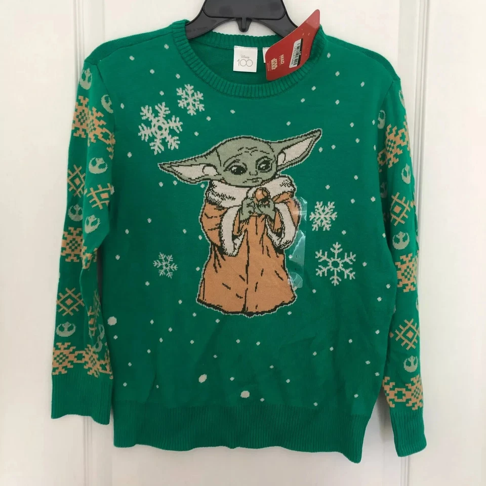 Suéter Disney 100 Kids XS Verde Star Wars Yoda Natal Manga Longa Novo com etiquetas - Imagem 1 de 1