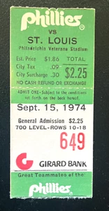 15/09/74 PHILLIES/CARDENALS BOLETO TALÓN-BOB FORSCH CARRERA VICTORIA #5/BEAT CARLTON - Imagen 1 de 1