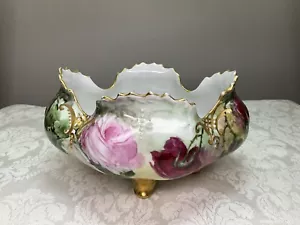 Antike deutsche handbemalte Mittelstück Füße rot rosa Rosen Schüssel signiert 1907 - Bild 1 von 12