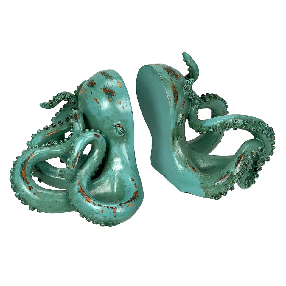 Aqua Green Octopus Bookends Set of 2 Nautical Polyresin Coastal Shelf Decor - Image 1 of 4